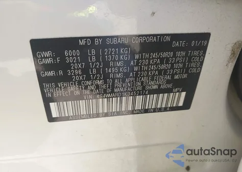 2019 Subaru Ascent Touring z USA, uszkodzony, nr VIN 4S4WMARD1K3452174